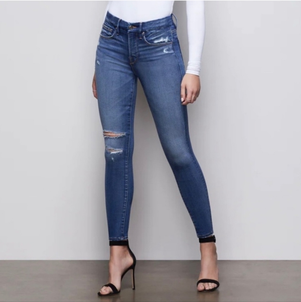 Good American Good Legs Crop Distressed High Waist Skinny Ankle Jeans Blue377
